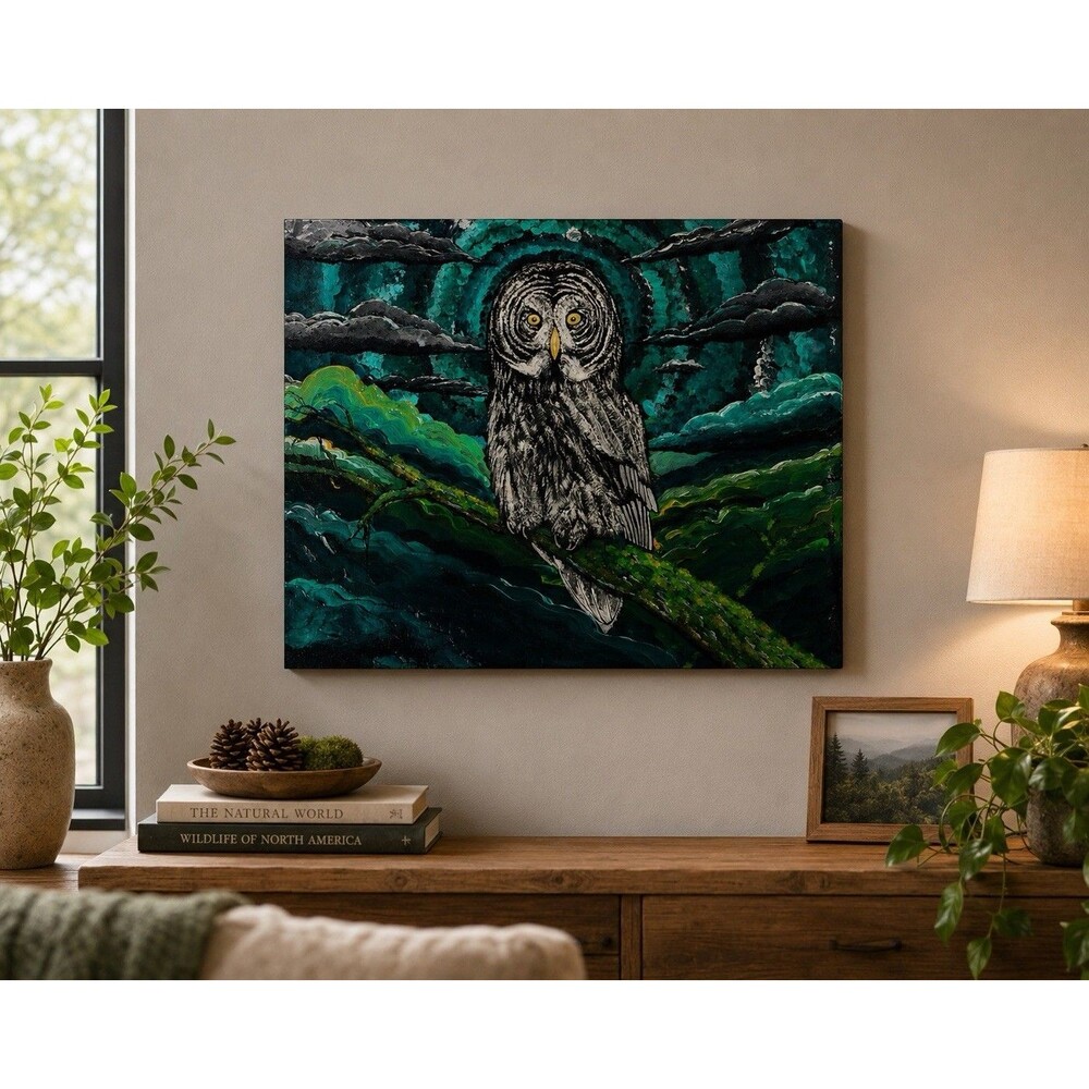 Silent Watcher Original Great Grey Owl Acrylic Painting Wildlife Forest Art